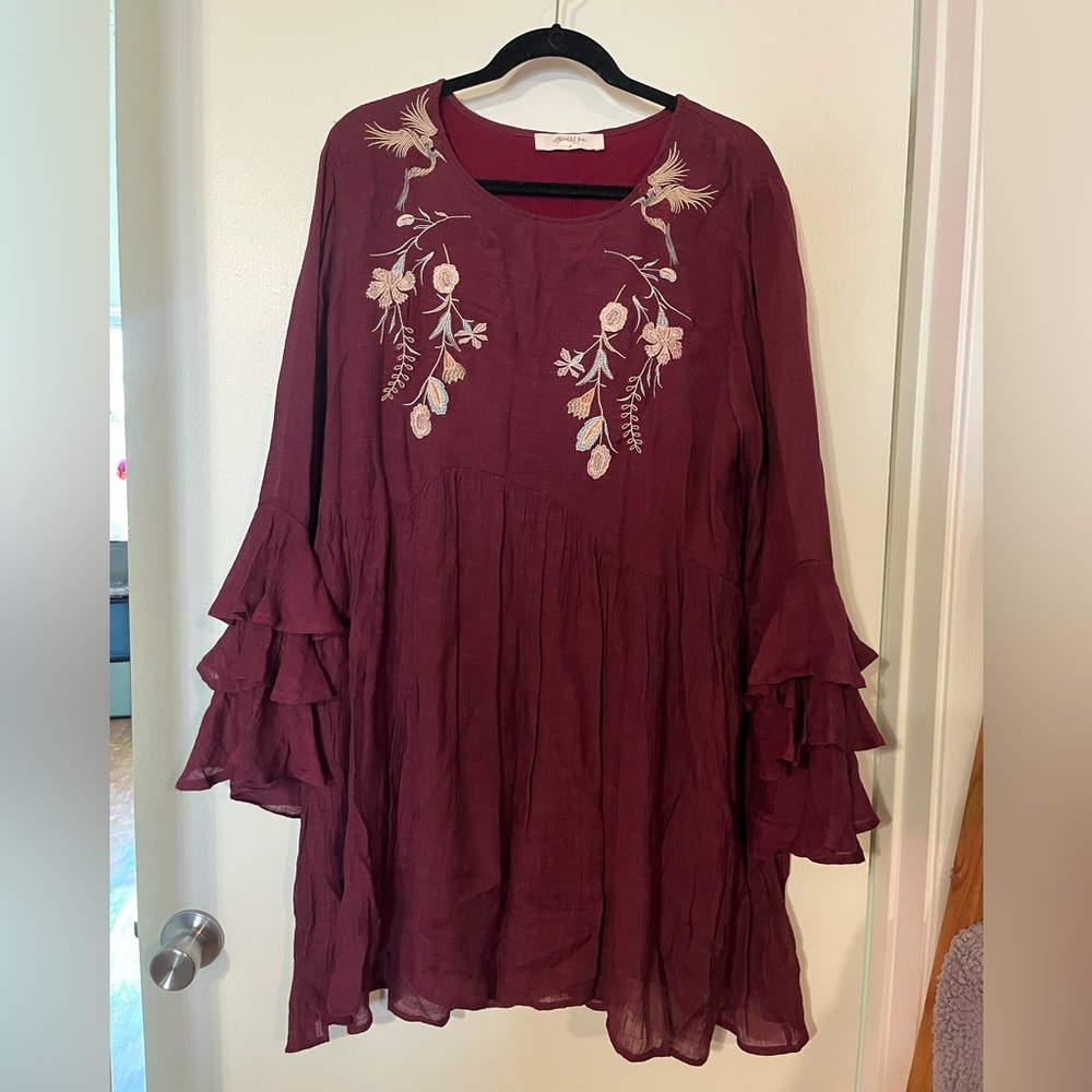 Burgundy Dress with Embroidered Floral Design